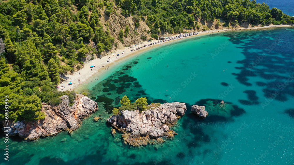 Aerial drone photo of beautiful turquoise sandy beaches of Stafilos and Velanio, Skopleos island, Sporades, Greece 