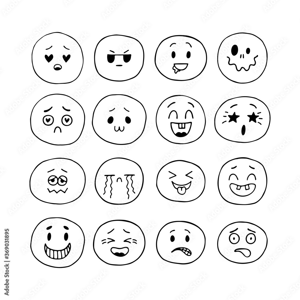 Sketched facial expressions set. Happy hand drawn funny smiley faces. Emoji icons. Collection of cartoon emotional characters. Kawaii style Sketched facial expressions set. Happy hand drawn funny smiley faces. Emoji icons. Collection of cartoon emotional characters. Kawaii style