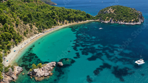 Aerial drone photo of beautiful turquoise sandy beaches of Stafilos and Velanio, Skopleos island, Sporades, Greece  photo