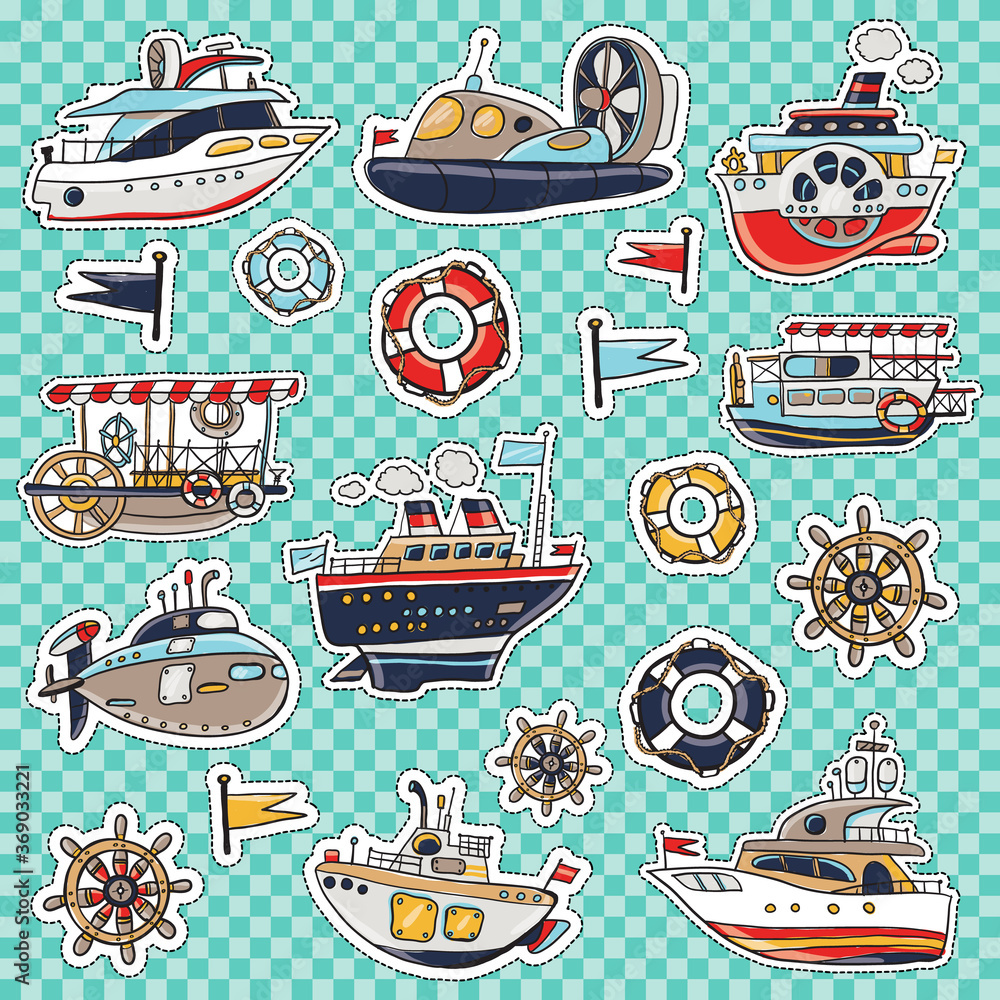 Φωτογραφία Set of vector hand drawn cute and funny kids toy water ocean transport patches or stickers kit