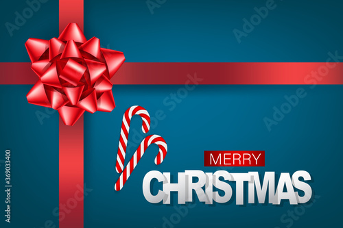 Christmas banner. Merry Xmas holiday background design. Candy cane and lettering. Big bow over the flyer. 3d realistic vector illustation.