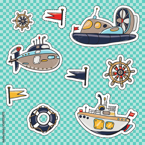 Set of marine elements: lifebuoy, captain steering-wheel, color flag, hovercraft, submarine. Cute and funny kids toy water ocean military transport boat patches, stickers, badges or pins cartoon kit.