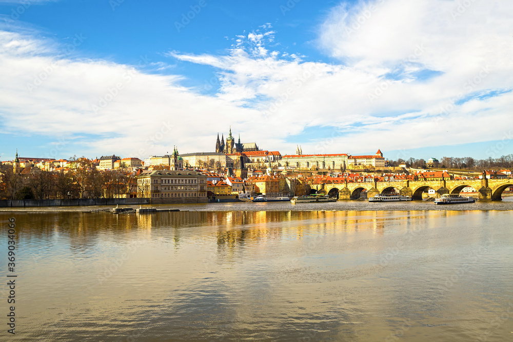 Vltava river Prague Charles Bridge view of the small country center, view of the Cathedral of St. Witte Prague Castle. Czech Republic March 2017
