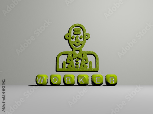 3D illustration of worker graphics and text made by metallic dice letters for the related meanings of the concept and presentations. business and construction