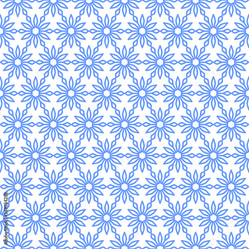 Openwork pattern of blue geometric flowers on a white background. Vector seamless pattern for wallpaper, wrapping paper, packaging, wrapper, printing on fabric, textile, clothes and bags. Template