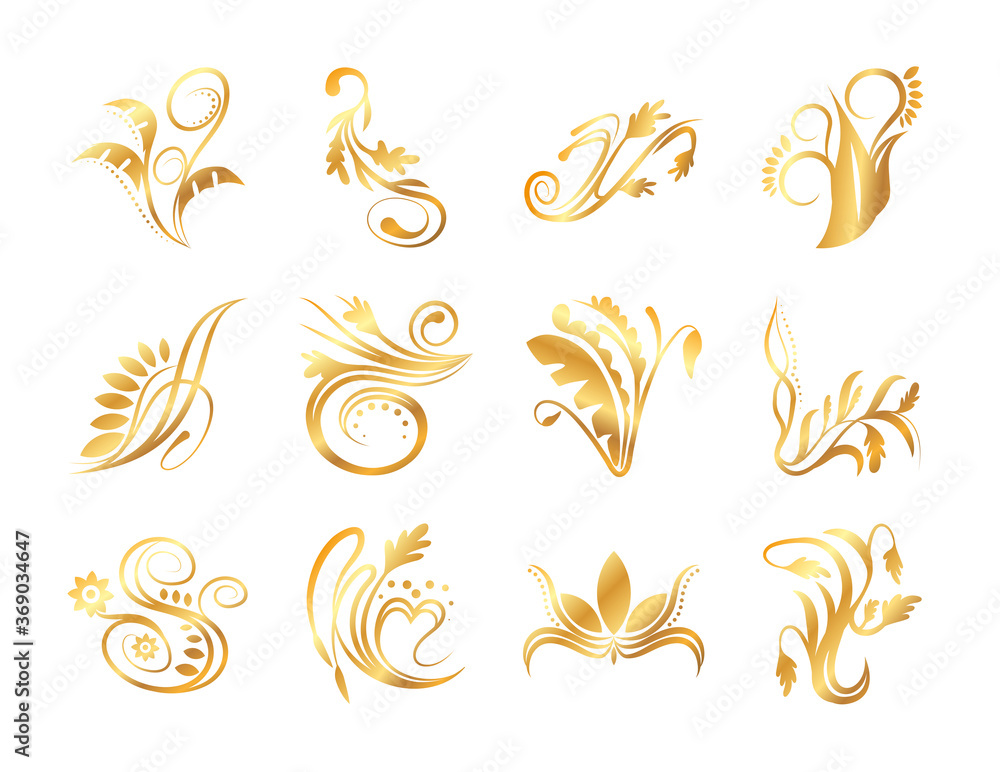 set of elegant floral ornaments gold
