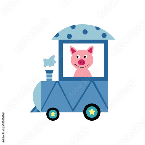 Piglet or pig driving train locomotive, flat vector illustration isolated.