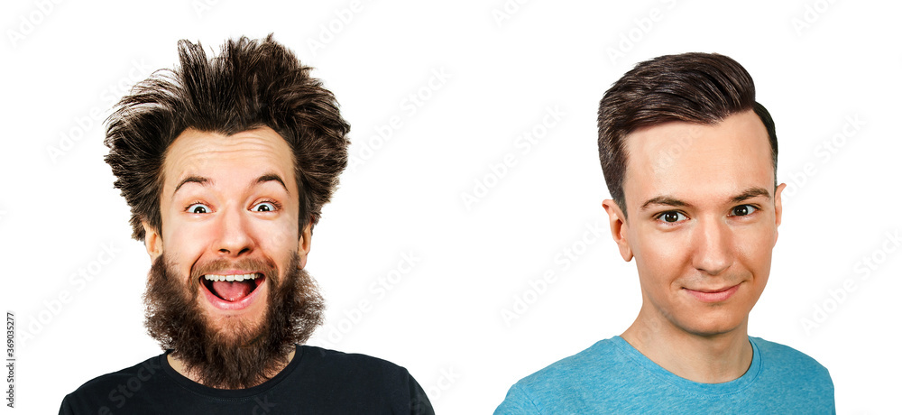 Φωτογραφία Shaggy bearded young guy with long hair before and after haircut in barbershop