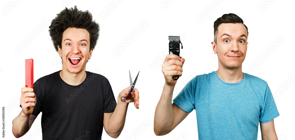 Φωτογραφία Shaggy bearded young man with long hair before and after haircut in barbershop