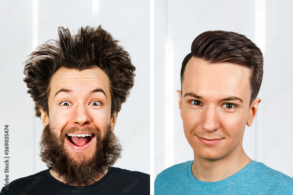 Φωτογραφία Shaggy bearded young guy with long hair before and after haircut in barbershop