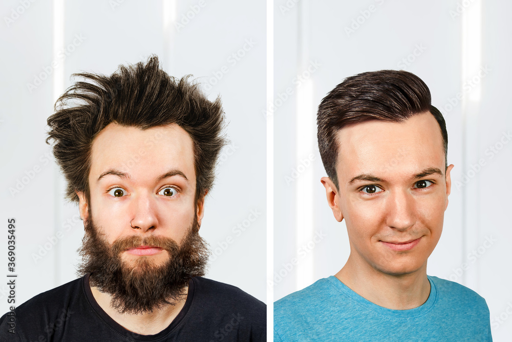 Φωτογραφία Shaggy bearded young man with long hair before and after haircut in barbershop