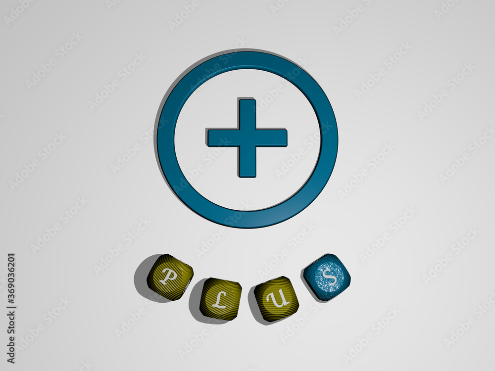Obraz premium 3D illustration of plus graphics and text around the icon made by metallic dice letters for the related meanings of the concept and presentations. background and size