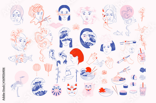 Collection of Japanese objects: Asian woman portrait, koi fish, dragon, sakura, Japanese food, sushi, folk elements, crane, sea wave.   Minimalistic elements in one line. Editable vector illustration.