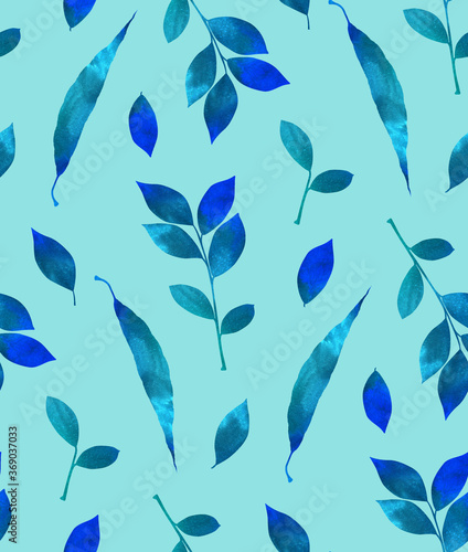 Watercolor seamless pattern with leaves. Hand drawn silhouette of willow and ash leaves with watercolor fill in blue colors. For wrapping, fabric, wallpaper.