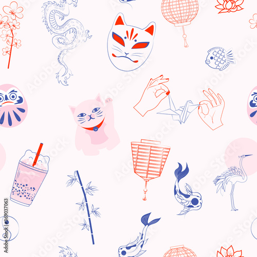 Seamless pattern with Japanese objects: koi fish, crane, sun, maneki neko, drama doll, origami, bamboo, bubble tea, dragon, sakura. Editable vector illustration