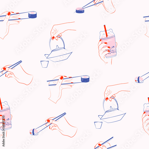 Seamless pattern with Human hand holding chopsticks and sushi, roll, bubble tea cup, teapot with mocha tea. Japanese food illustration. Editable Vector Illustration.