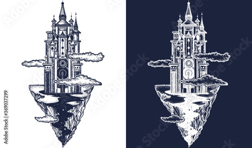 Medieval castle tattoo art. Ancient castle on the mountain. Symbol of the fairy tale, dream, magic. Medieval castle t-shirt design. Black and white vector graphics