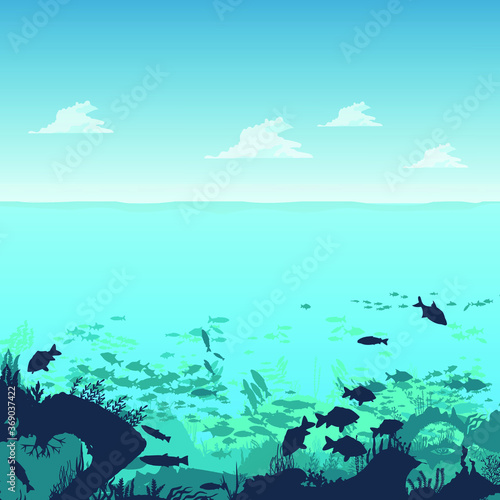 the depths of the ocean with clouds, on the seabed, under water. Fish, marine animals, seabed. Flat style. Vector