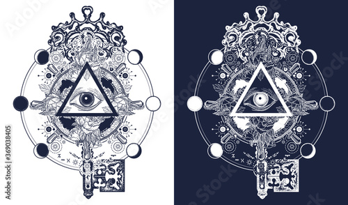 Masonic eye and key tattoo. Freemason and spiritual symbols. Alchemy, medieval religion and esoteric tattoo. Magic eye, roses and steering wheel t-shirt design. Black and white vector graphics photo