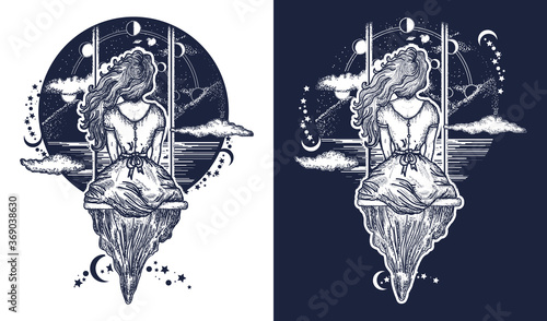 Girl on swing flies to sky tattoo art. Symbol of dream,love, imagination, adventures. Black and white vector graphics