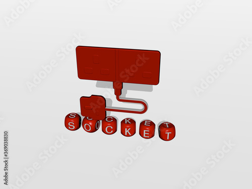 Photography 3D representation of SOCKET with icon on the wall and text arranged by metallic cubic letters on a mirror floor for concept meaning and slideshow presentation