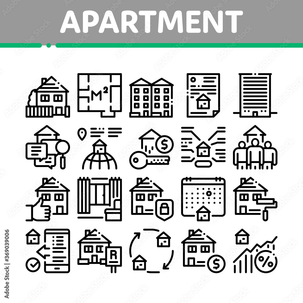 Apartment Building Collection Icons Set Vector. Apartment Floor Plan Architectural Project And House, Real Estate Agreement And Key Concept Linear Pictograms. Monochrome Contour Illustrations