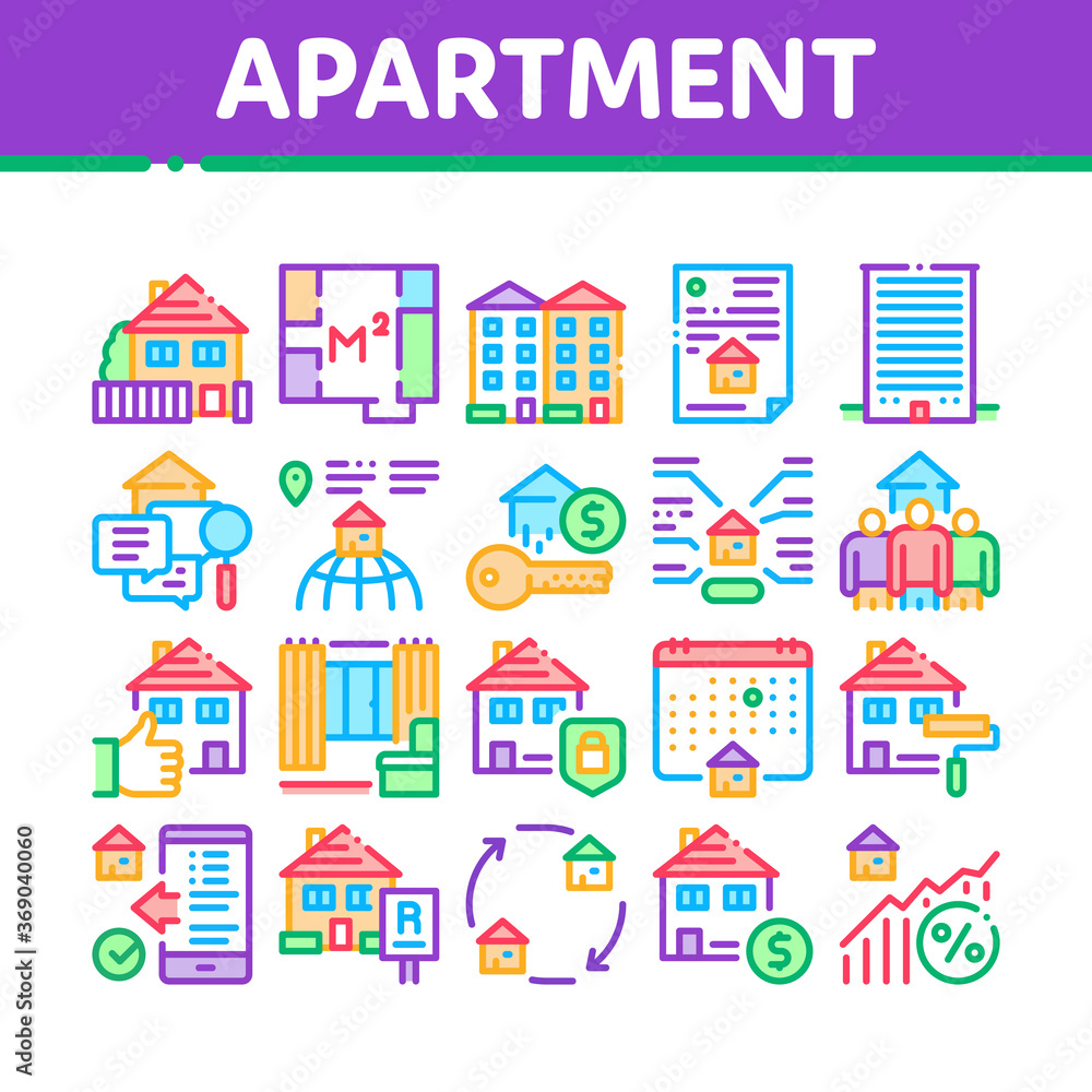 Apartment Building Collection Icons Set Vector. Apartment Floor Plan Architectural Project And House, Real Estate Agreement And Key Concept Linear Pictograms. Color Contour Illustrations