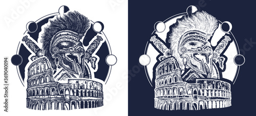 Spartan helmet crossed swords, shield and Colosseum tattoo. Symbol of Ancient Rome, gladiatorial fights, war tattoo and t-shirt design. Black and white vector graphics