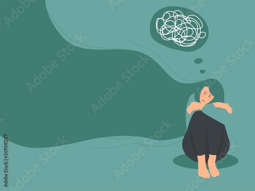 sad lonely woman to get rid of depression. A young unhappy girl sits and hugs her knees with confused on mind. The concept of support and care for people under stress. Vector flat illustration 