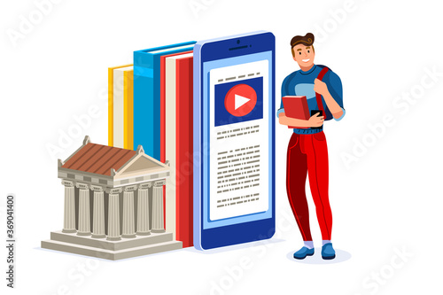 College male student on university poster with stationery pack back to school concept isometric vector.
