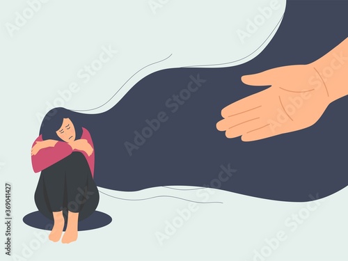 human hand helps sad young girl in depression sitting and hugging knees with flying hair, sorrow, mental health concept, cartoon female character flat vector illustration