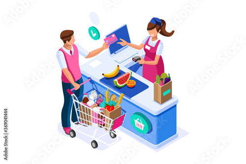 Supermarket line purchases at the supermarket cartoon grocery concept isometric vector.