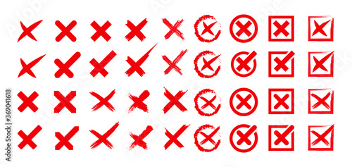 Set of red cross icons of different shapes and styles. Vector illustration