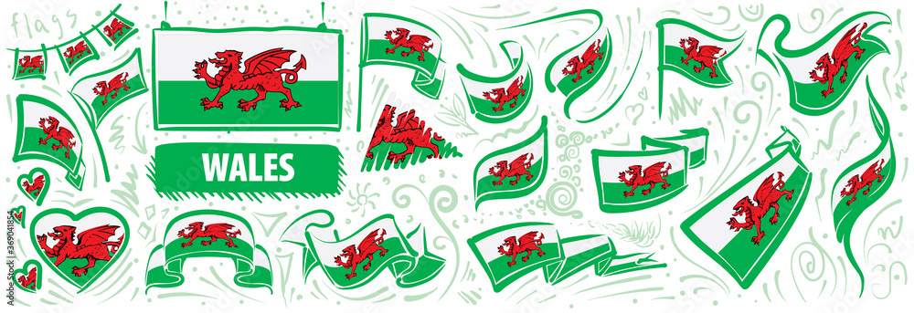 Vector set of the national flag of Wales in various creative designs