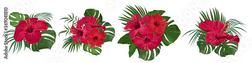 SET of tropical bouquets. Red hibiscus. Monstera leaves, palm trees. Exotic plants. Flowers on a white background.