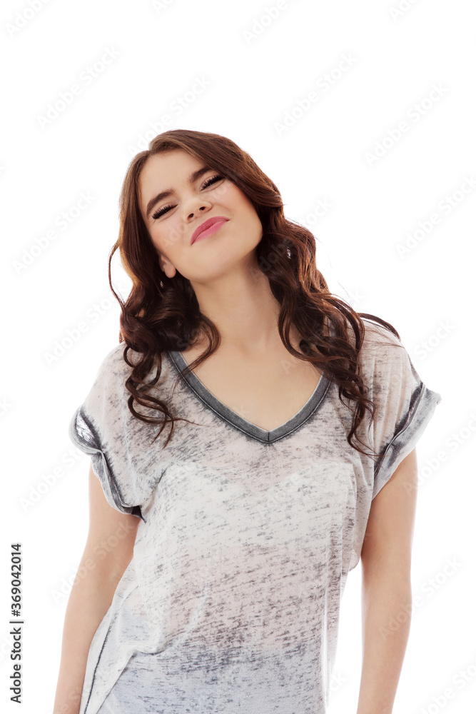 The portrait of young beautiful woman on white background. The portrait of young beautiful woman on white background.