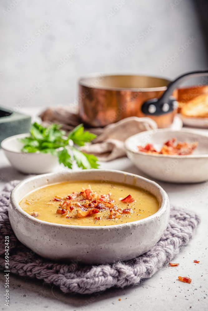 Lentil pea soup garnish with bacon and pork ribs Lentil pea soup garnish with bacon and pork ribs