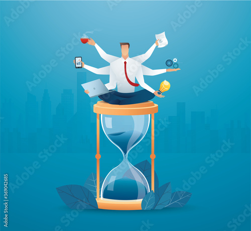 businessmen multitasking on hourglass. concept of working hard vector illustration