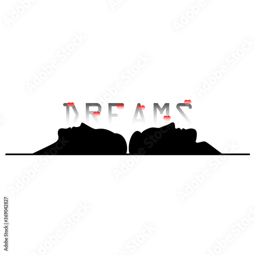 Love concept. Silhouettes of the faces of man and woman and the word dreams with red hearts. Vector illustration.