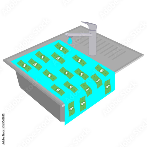 Kitchen sink with water and money. Dripping water from a faucet. Isometric vector illustration.