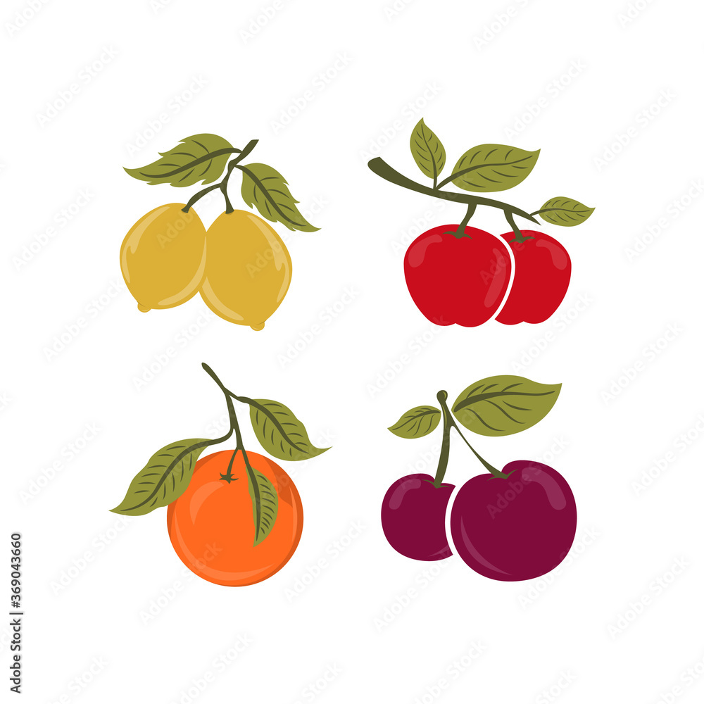 Obraz premium fruit icon set. apple, cherry, orange, lemon and other. fruits logo symbol. food ingredients vector image. natural fruit and organic food design elements