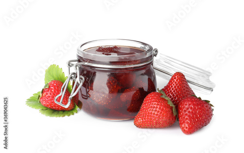 Delicious pickled strawberry jam and fresh berries isolated on white