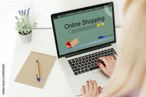 Online shopping website on laptop screen with female hands typing © Angelov