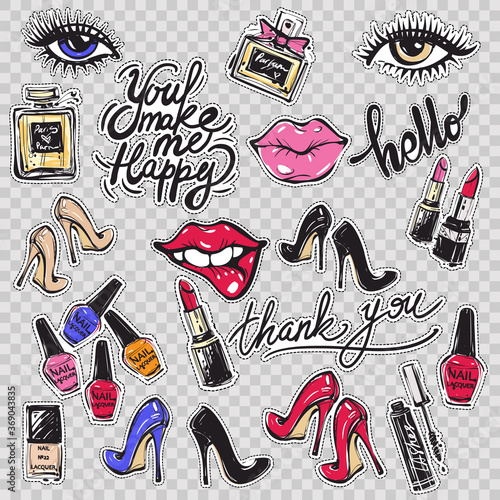 Fashion patch vector set. Cosmetics icons, lipstick, perfume and high heels. Woman eyes and lips. Stickers and patches for glamour design.