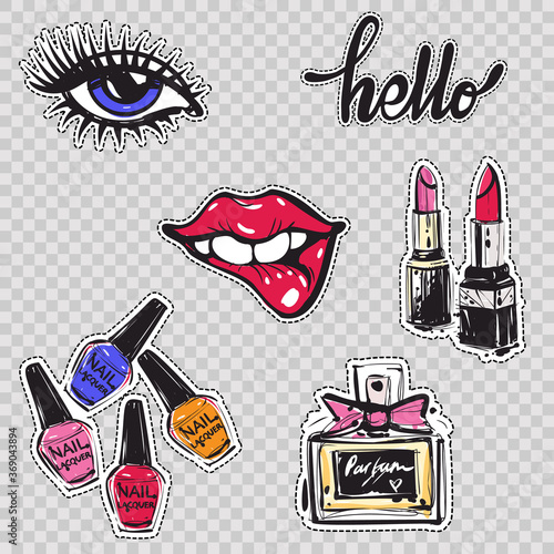 Set of fashionable elements: hello lettering, biting lips, woman's eye, nail polish colors, french perfume, pink and red lipstick. Trend graphic glamour sketch badges in vogue style.