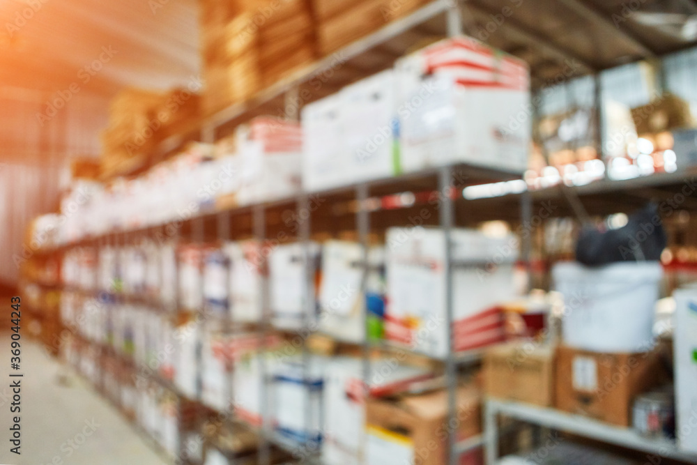 Warehouse shelf for product storage. Logistics.  blurred background