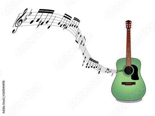 ギターと楽譜、音符のイラスト 緑 Green Guitar and Music sheet and note illustration
