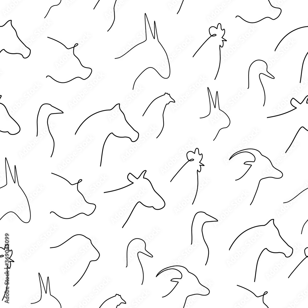 Seamless pattern animals vector line. Farm domestic animals head symbols illustration isolated on white background.