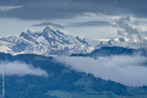The iconic Santis peak, the highest mountain in the Alpstein massif of northeastern Switzerland photo