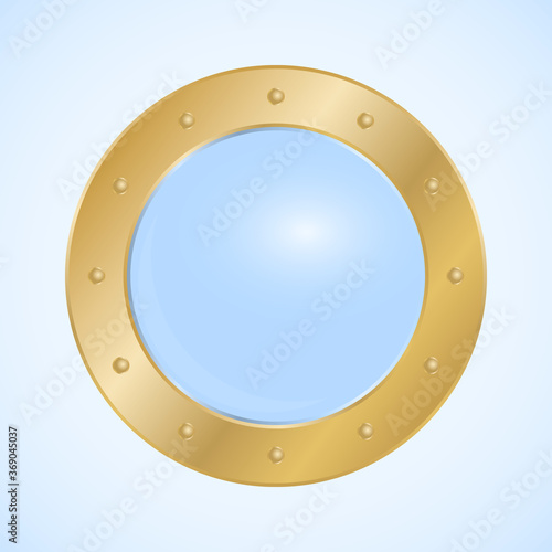 Round porthole, round golden porthole window isolated on light background. Vector, cartoon illustration.